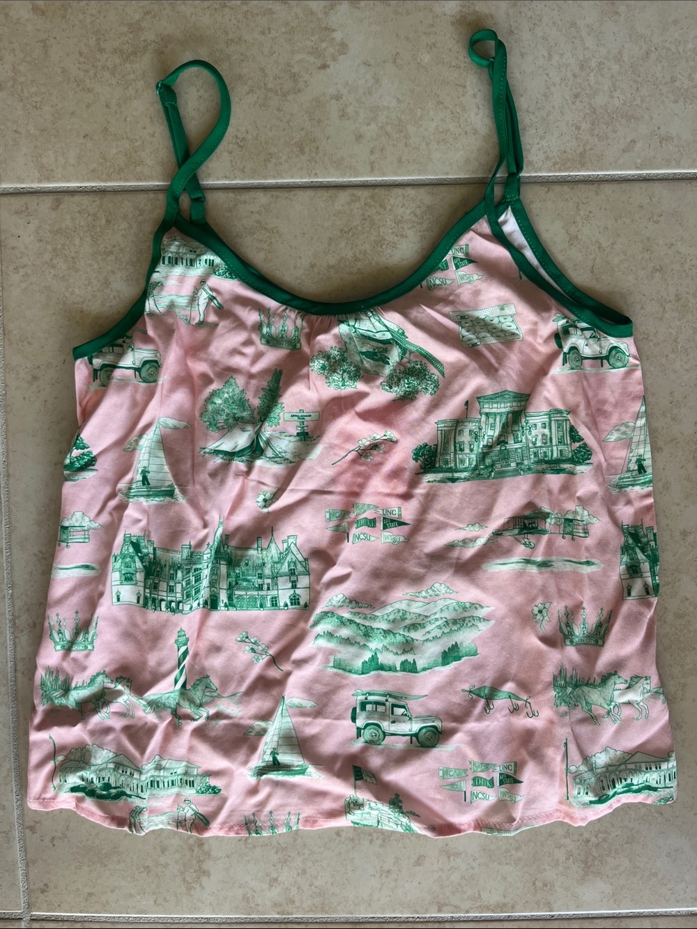 XS Green Trim Pink Scenic Print Cami Tank Top